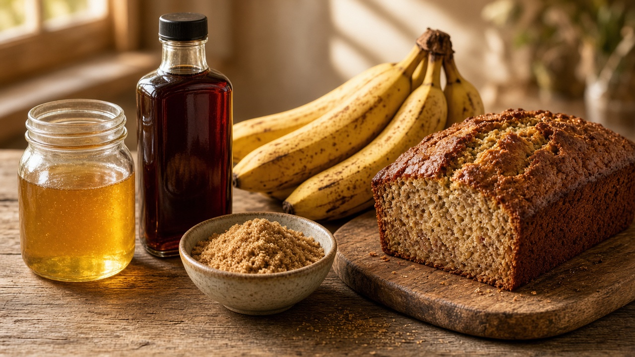 Honey, maple syrup, brown sugar, bananas, and banana bread on a rustic table