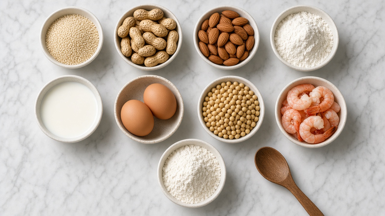 Bowls of sesame seeds, nuts, flour, milk, eggs, soybeans, and shrimp on a marble counter