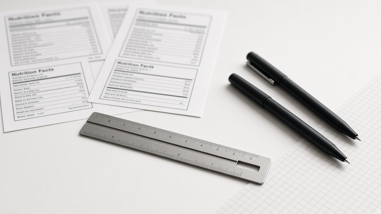 Printed Nutrition Facts mockups, a metal ruler, and pens on a white desk