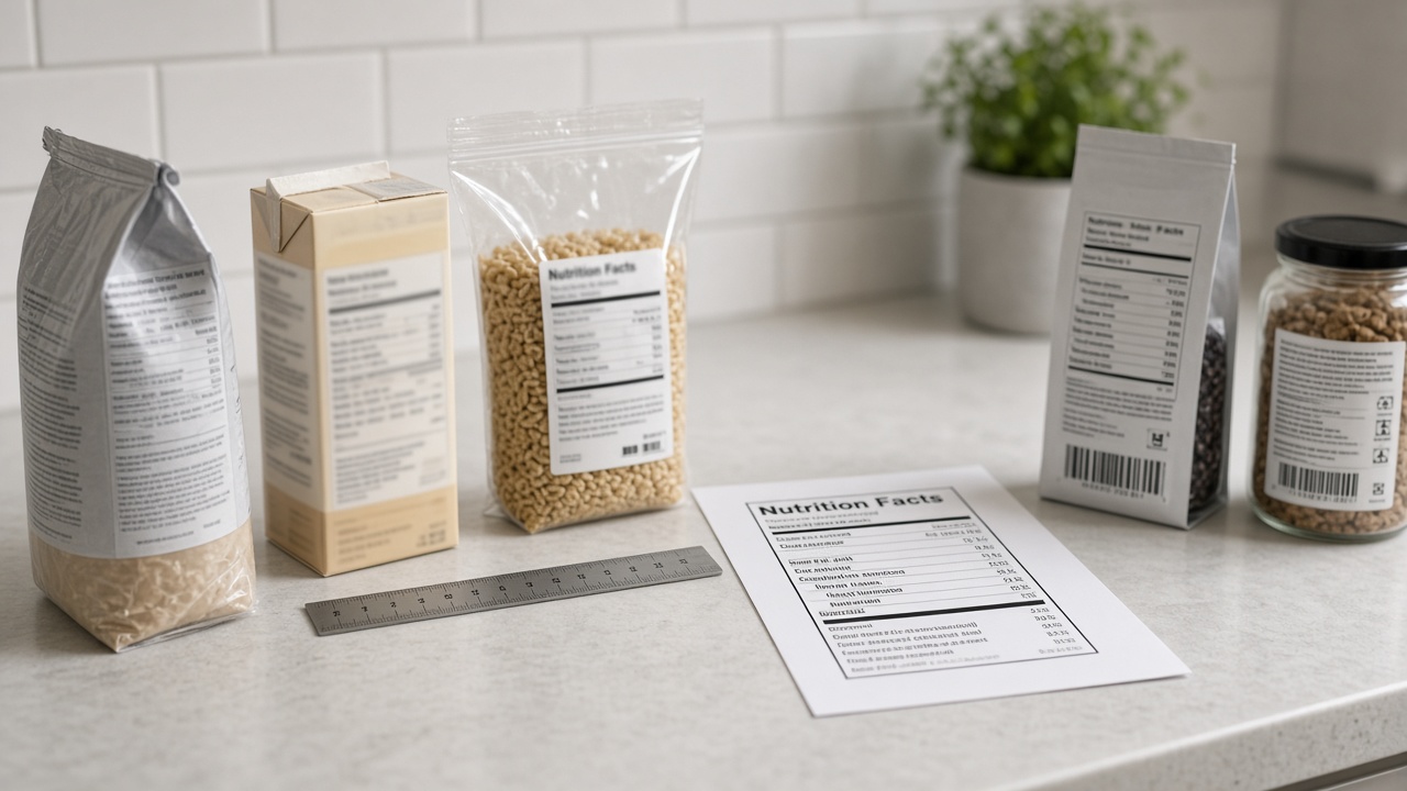 Grocery packages on a kitchen counter beside a printed Nutrition Facts layout
