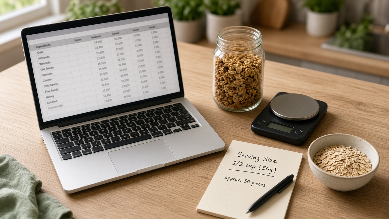 Kitchen workspace with a laptop, granola jar, and scale used to gather Nutrition Facts data