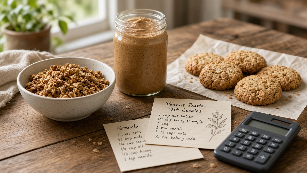 Homemade granola, cookies, and nut butter on a table with recipe cards