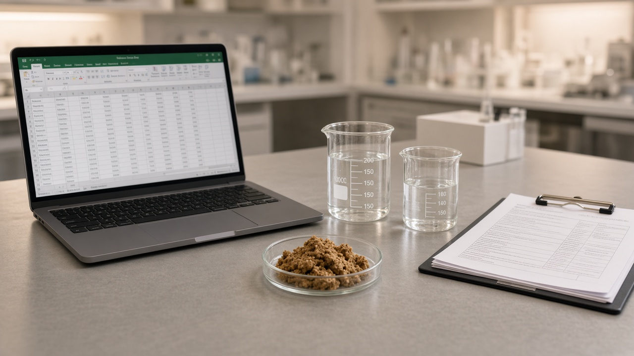 Laptop and food-lab glassware on a bench used for nutrition calculations