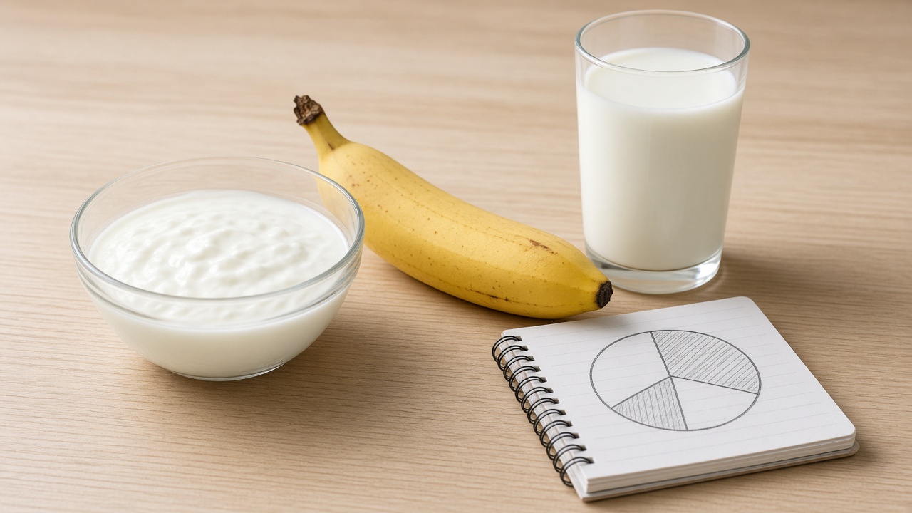 Yogurt, banana, glass of milk, and a notebook with a simple chart on a wood table