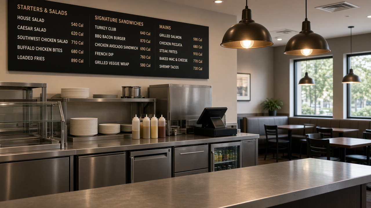 Restaurant counter with a menu board showing calorie counts