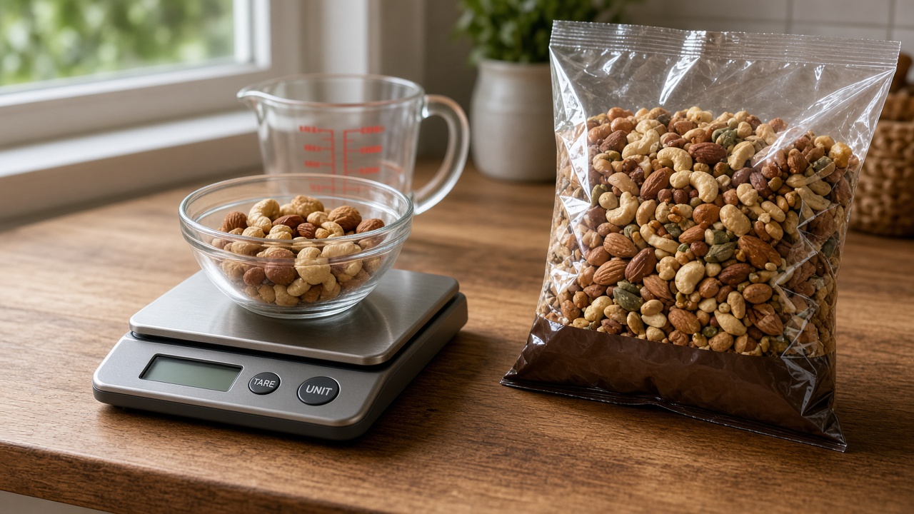Kitchen scale with mixed nuts next to a measuring cup and a family-size snack bag
