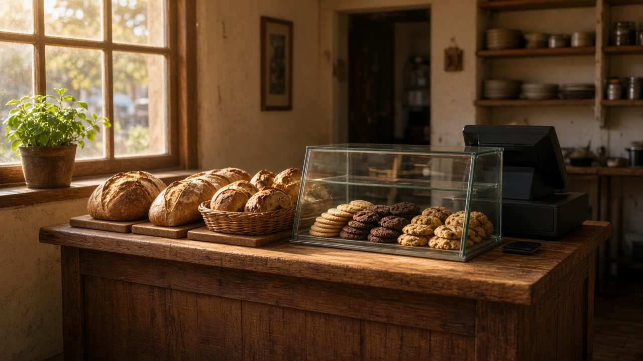 Small independent bakery counter with bread and cookies in a glass case