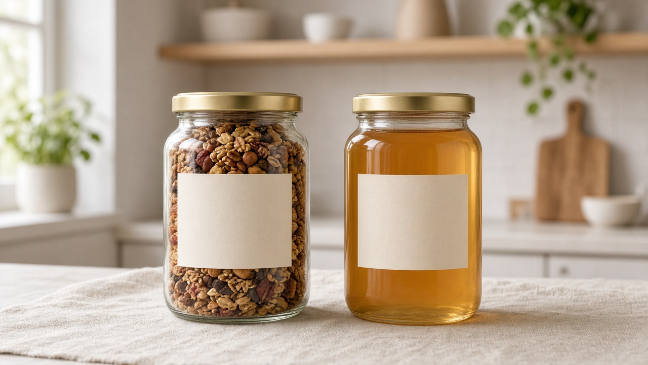 Two glass food jars side by side, one a mixed granola and one a simple honey