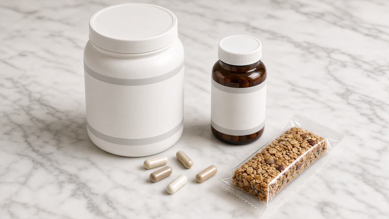 Capsules, a powder tub, a vitamin bottle, and a granola bar on marble