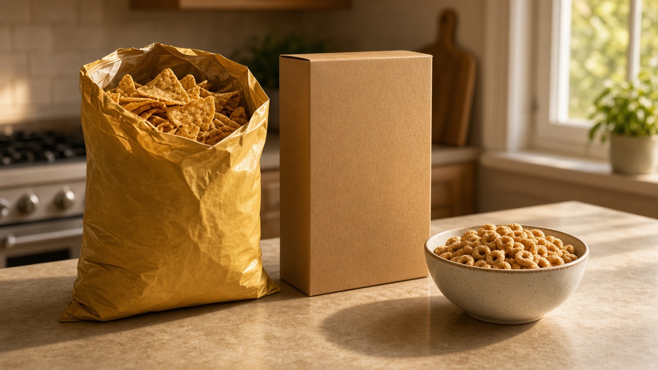 Family-size chips next to a single serving bowl, illustrating per serving versus per package