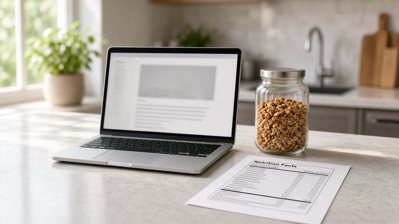 Laptop on a kitchen island next to granola and a printed label sheet