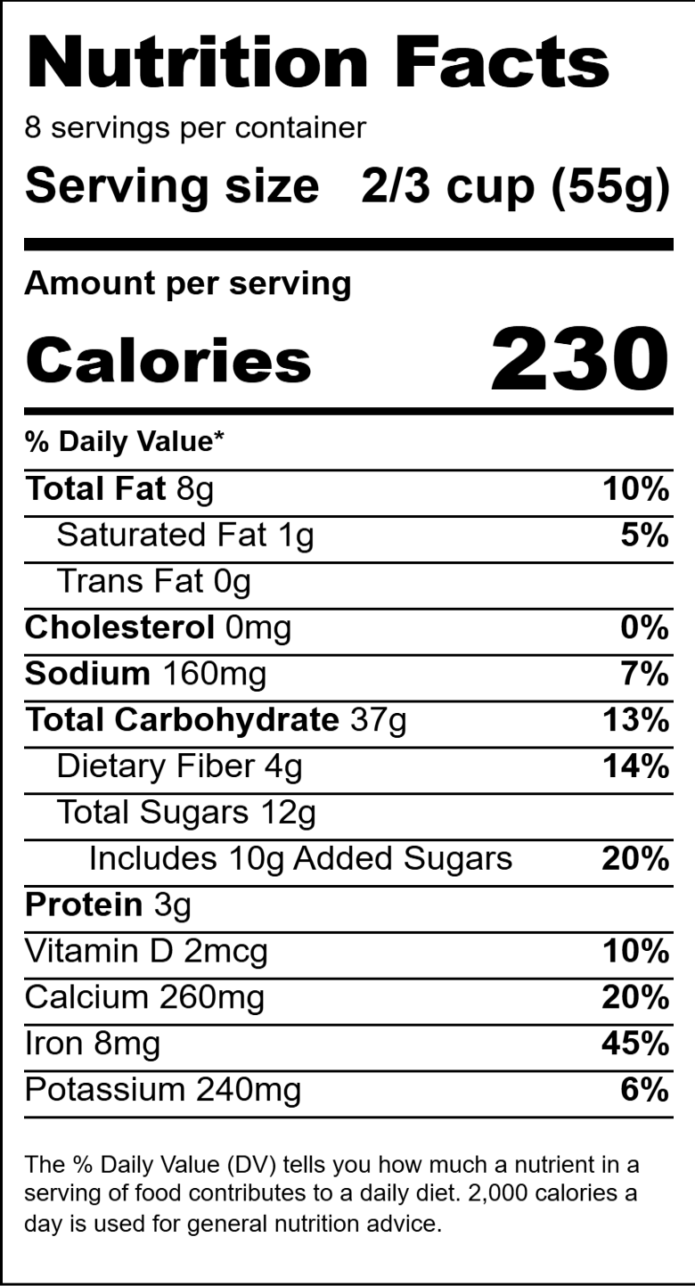 Standard Vertical Nutrition Facts label with 230 calories per serving